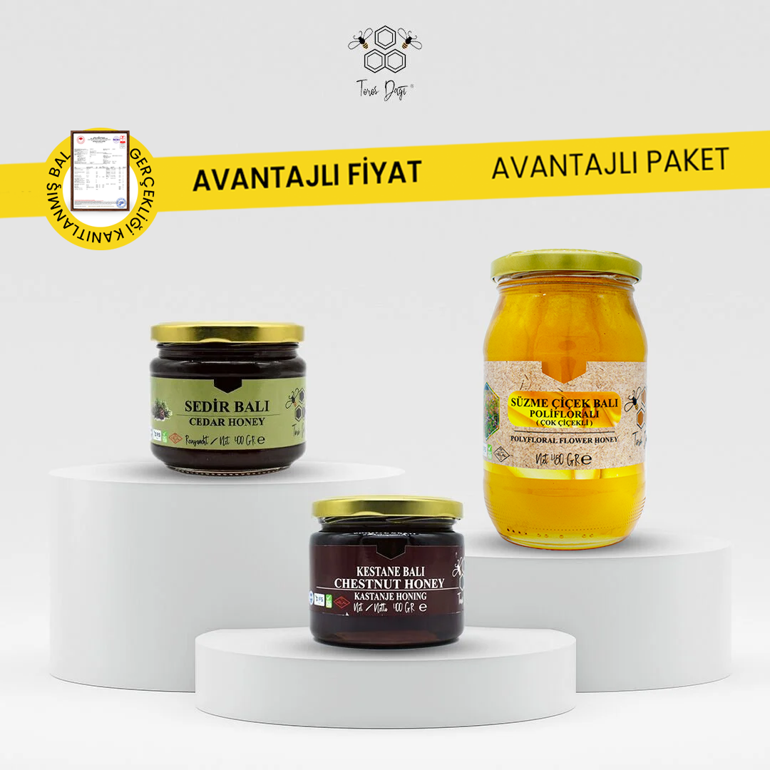 Avantajlı Paket - Süzme Çiçek Balı 480 gr - Kestane Balı 400 gr - Sedir Balı 400 gr