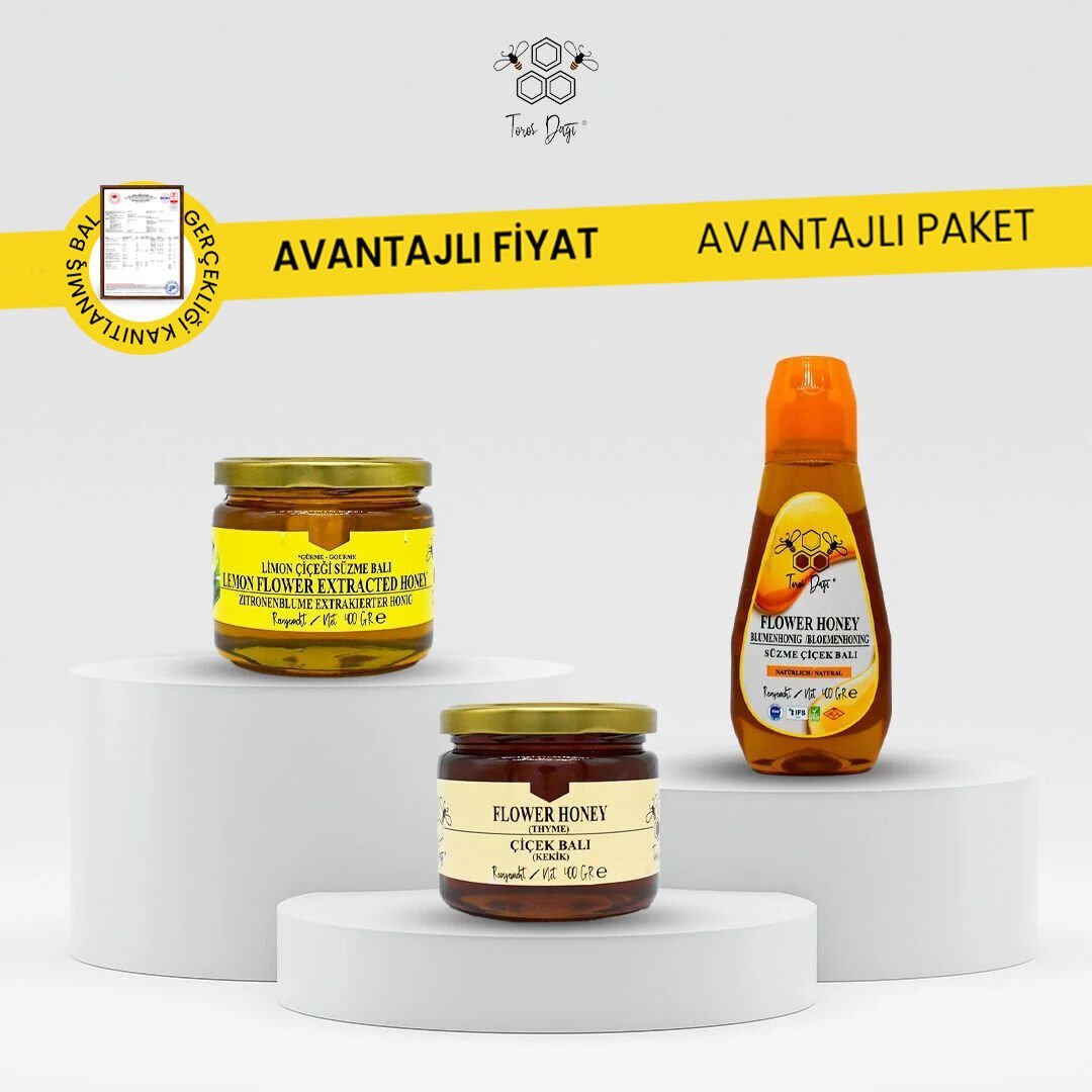 Avantajlı Paket - Kekik Balı 400 gr - Limon Çiçeği Balı 400 gr - Pratik Kapak Süzme Çiçek Balı 400 gr