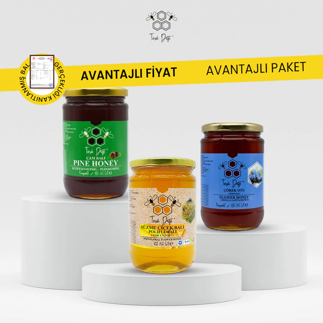 Avantajlı Paket - Süzme Çiçek Balı 860 gr - Çörek Otu Balı 860 gr - Çam Balı 860 gr