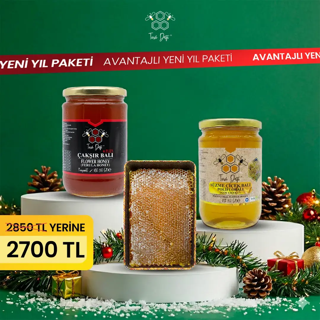 Avantajlı Yılbaşı Paketi - Süzme Çiçek Balı 860 gr - Petek Bal 1 kg - Çakşır Balı 860 gr